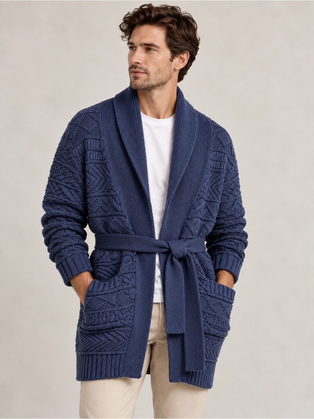 Brooks Brothers Navy Shawl Collar Belted Cable Knit Cardigan